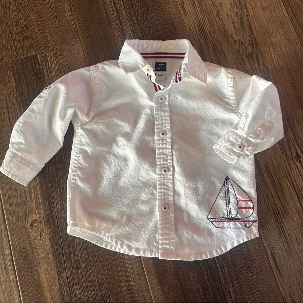 Janie and Jack long sleeve white button up shirt embroidered sailboat baby boy